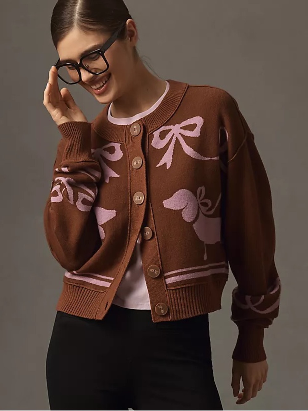 Anthropologie || Maeve Sutton Compact Cardigan Sweater Dachshund Brown Pink S